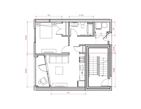 Floor plan for 1 bed, 1 bath, 589 sqft